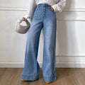 Fashionjeans women's multi-breasted high waist wide leg pants blue washed drapedloosemop denim pants