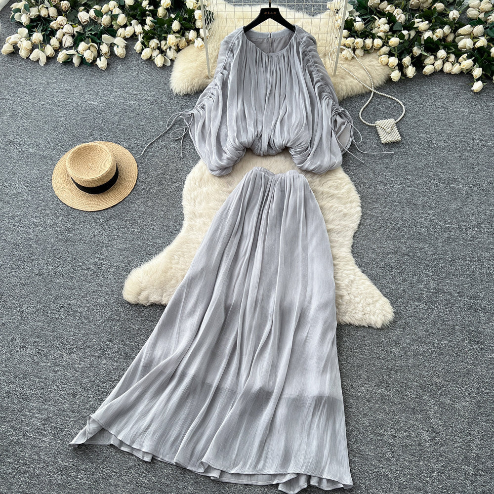 Vacation style pleated lantern sleeve shirt high waist skirt women's autumkorean style outfit pleatedeleganttwo-piece set