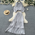 Vacation style pleated lantern sleeve shirt high waist skirt women's autumkorean style outfit pleatedeleganttwo-piece set