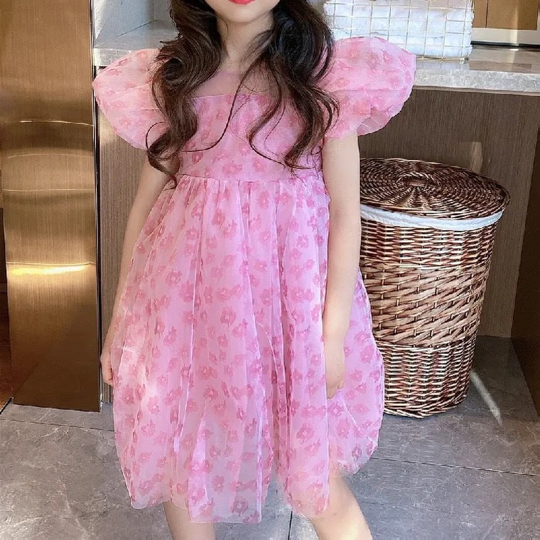Girls' chic princess dress - korean style, trendy butterfly knot, summer new arrival, fashionable big kids' tulle dress, trendy style
