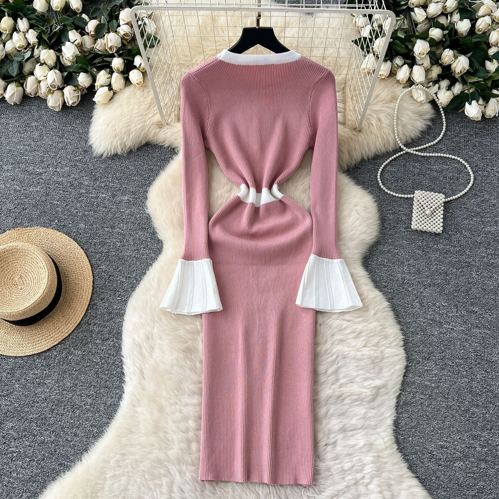 Xiaoxiangfengclassy contrast color bell sleeves knittingdress women's autumn wear new arrival tight hip covering sweater skirt