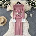 Xiaoxiangfengclassy contrast color bell sleeves knittingdress women's autumn wear new arrival tight hip covering sweater skirt