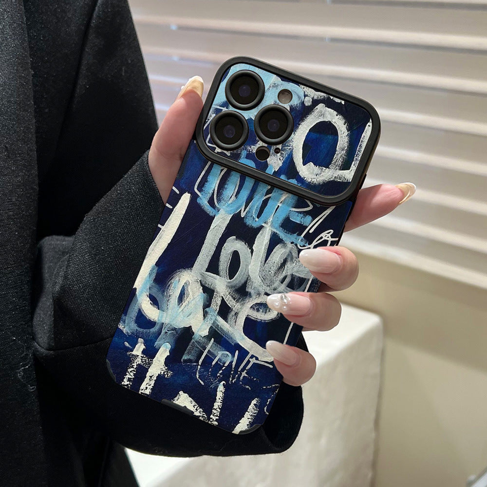Niche art graffiti mobile phone case suitable for iphone16 anti-fall apple 17promax blue background and white lettering soft case