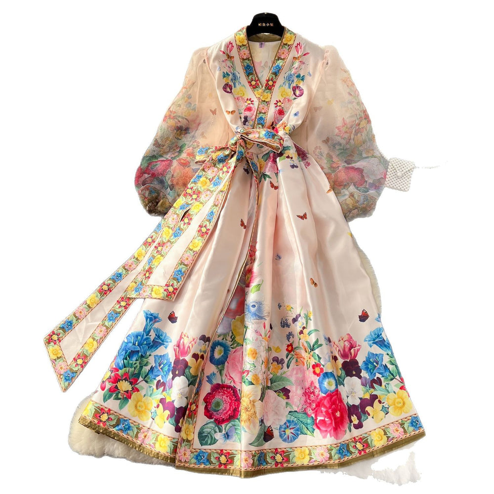 European and american retro v-neck mesh lantern sleeve tie-waist maxi dress with a-line print - french style