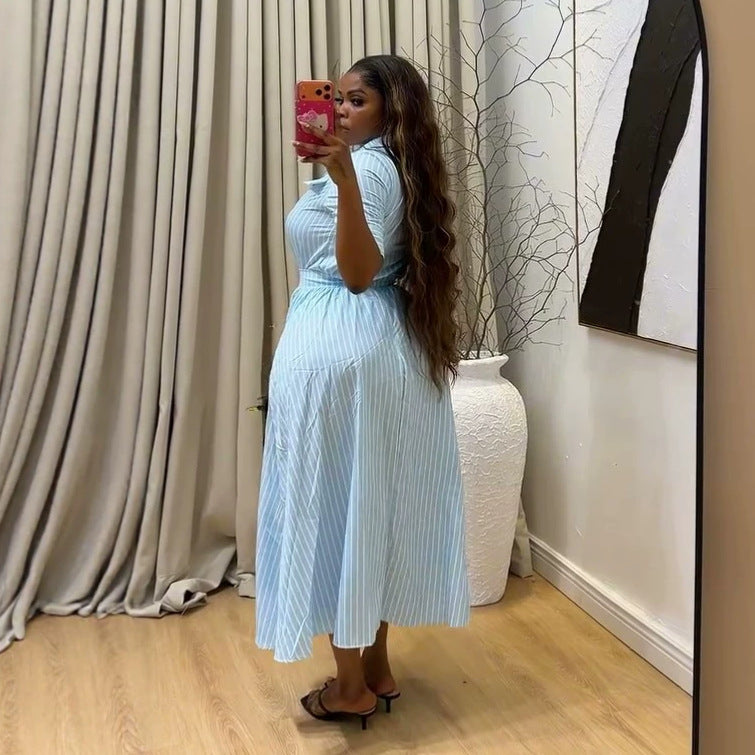 European and american cross-border women's fashion:  summer new collection - stylish turn-down collar striped short-sleeve shirt and high-waisted midi skirt set
