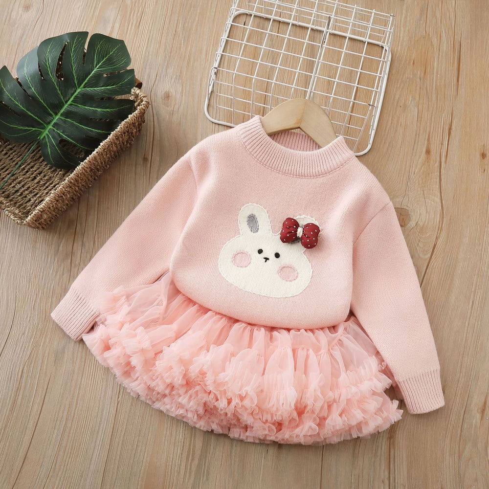 Girlsweaterthickenedall-in-one velvet with tutu skirttwo-piece set for baby girls round neck bottom shirtsuit
