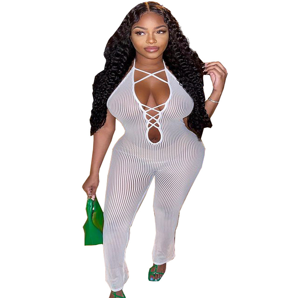fashion cross-border supply  sexy breathable mesh pit milk silk sleeveless jumpsuit women's clothing