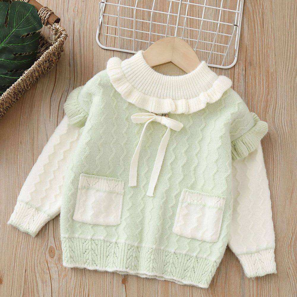 Girls' knitted sweater two-piece set: round neck, new autumn/winter  style with pockets and flutter sleeves