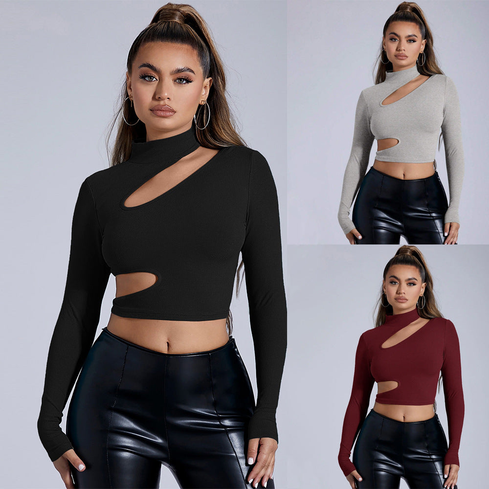 Cross-border women's clothing Europe and America 2024 autumn and winter semi-turtleneck black long-sleeved sexy T-shirt short tights