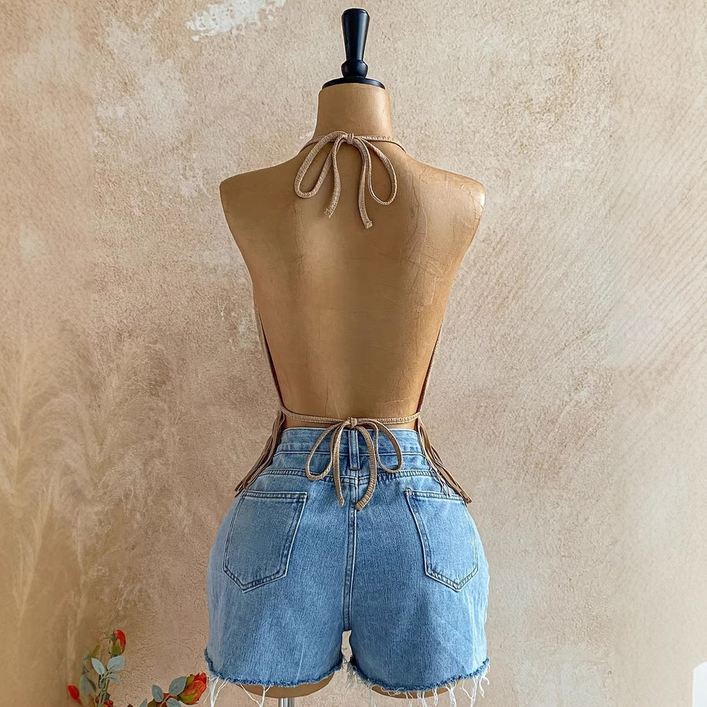 Sexy vacation style design halter neck sleeveless backless tie-up slim fit women's tank top casual