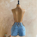 Sexy vacation style design halter neck sleeveless backless tie-up slim fit women's tank top casual
