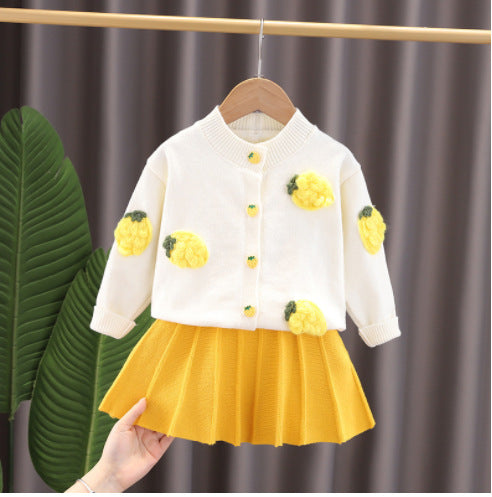 Kids' knitted sweater dress -  new girls' fruit & handmade flower set - baby fashion outfit top & skirt set