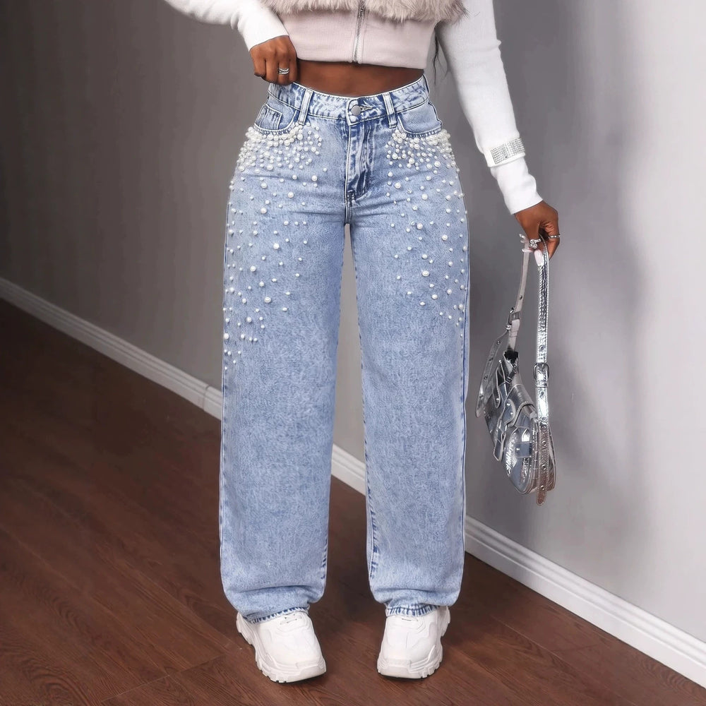 European and american style women's heavy-duty beaded and pearl embellished washed and distressed high-waisted wide-leg straight-leg floor-length jeans