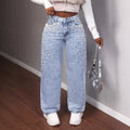 European and american style women's heavy-duty beaded and pearl embellished washed and distressed high-waisted wide-leg straight-leg floor-length jeans