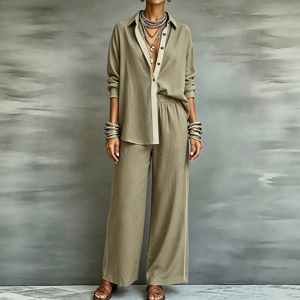 Exportplus size relaxation work clothing set retro gray linen shirt elastic waist side strips wide leg pants two-piece set