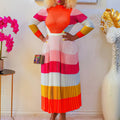 D420   autumn pleated print color block set - long sleeve top & fashionable midi skirt - european & american style two-piece outfit