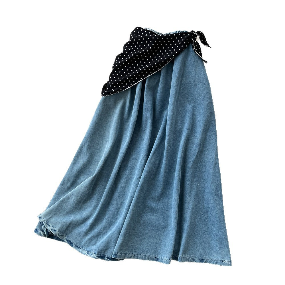 K-style light mature style polka dot silk scarf a-line skirt women's summercasualslimming look denim patchwork mid-length skirt work clothing