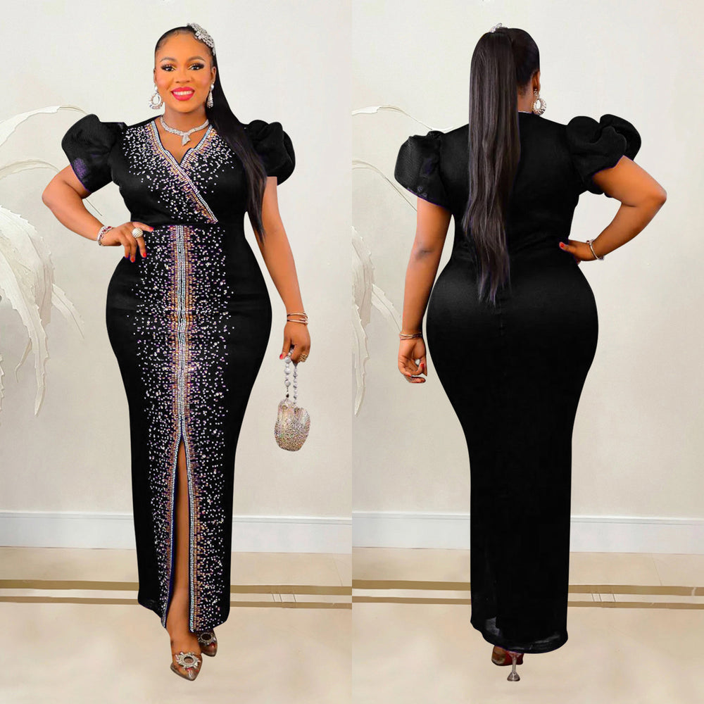 C6500   fashion women's hotfix rhinestone bubble sleeve stretch v-neck maxi dress
