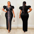 C6500   fashion women's hotfix rhinestone bubble sleeve stretch v-neck maxi dress
