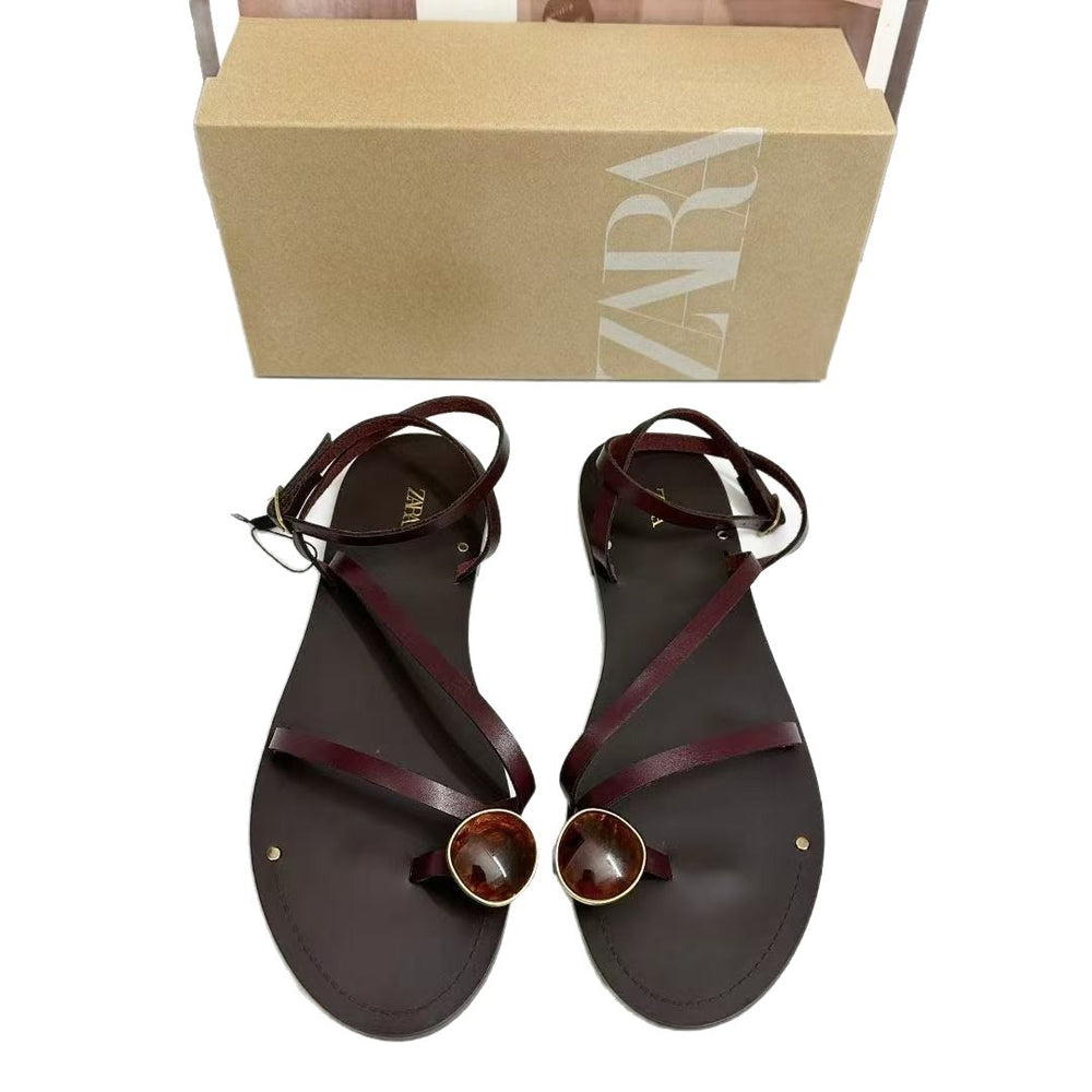Za women's flat fairy style thin strap sandals 2025 new summer one-strap buckle clip-toe roman sandals