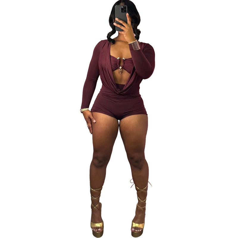 European and american style  spring/summer new arrivals: edgy streetwear sexy hot girl deep v low-cut solid color slim-fit jumpsuit