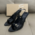 Spain 2025 summer new one-strap stiletto heel cut-out sandals - black patent leather effect, pointed toe, open toe