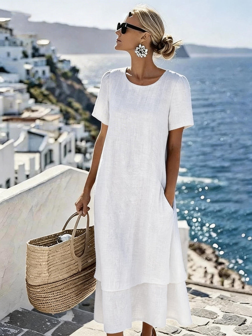 european and american cross-border  women's spring/summer vacation casual double-layer design round neck short sleeve dress