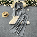 European and american chic fashion set for women - autumn/winter flared sleeve, cinched waist, loose knit sweater top with high-waisted wide leg casual pants