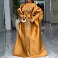 African plus size elegant banquet two-piece set: satin bubble sleeve outer robe with semi-high neck lace see-through maxi skirt outfit