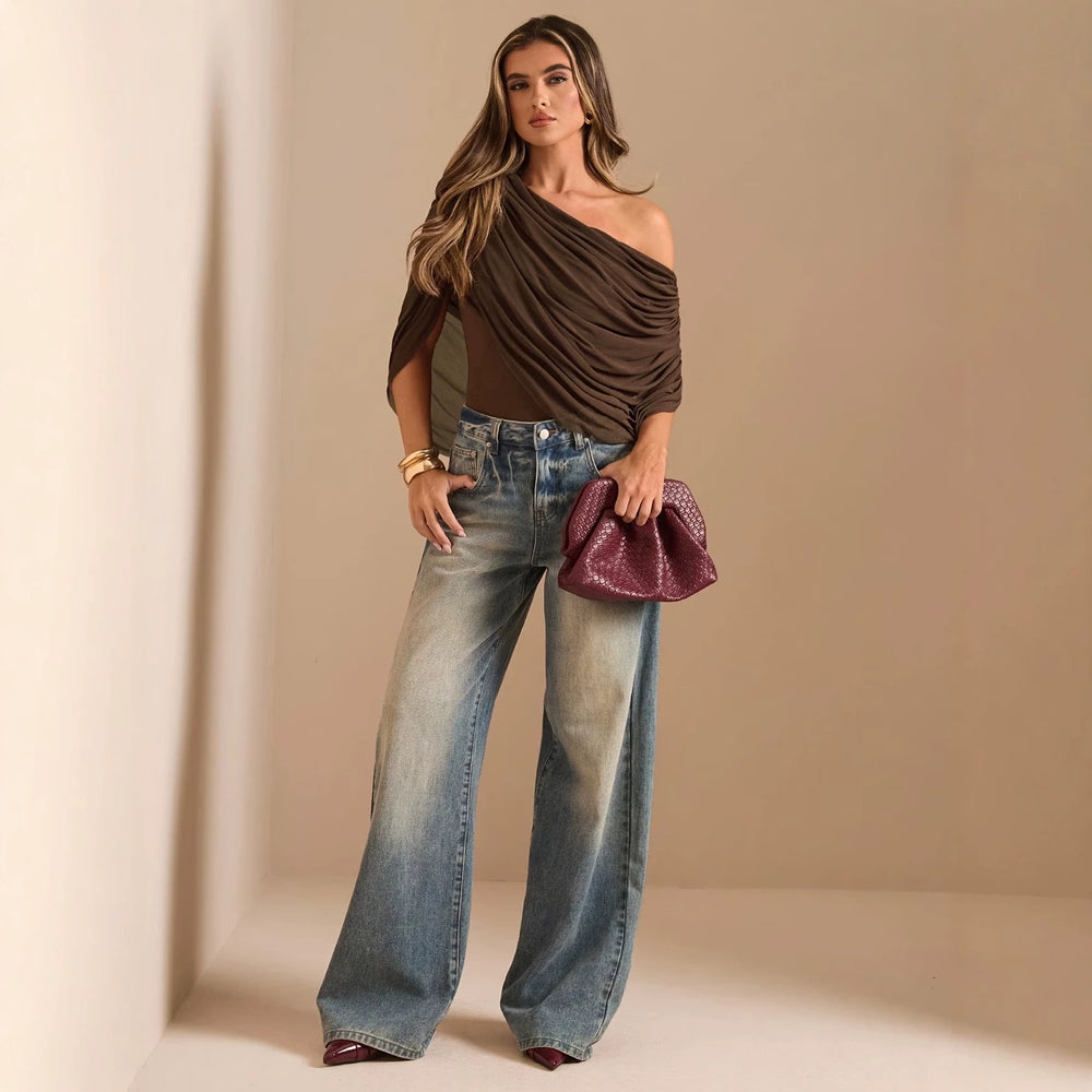 Ins style european and american cross-border women's fashion slim-fitting one-shoulder sleeveless pure color jumpsuit tops with sexy