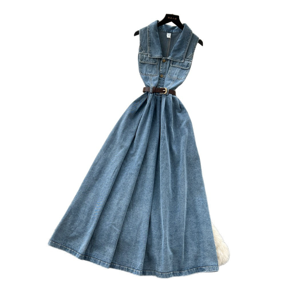 Korean style premium turn-down collar sleeveless denim dress - women's  summer collection - slimming, figure-flattering, versatile maxi dress