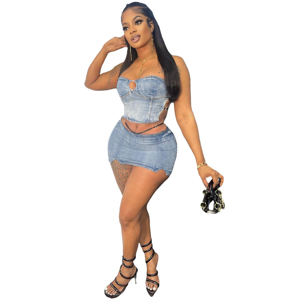 European and american style women's denim skirt set -  cross-border fashion - sexy bandeau denim top with slit mini skirt