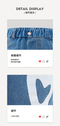 Girls' straight-leg denim pants - blue, heart print, high-waisted wide-leg trousers for kids ages 4-8