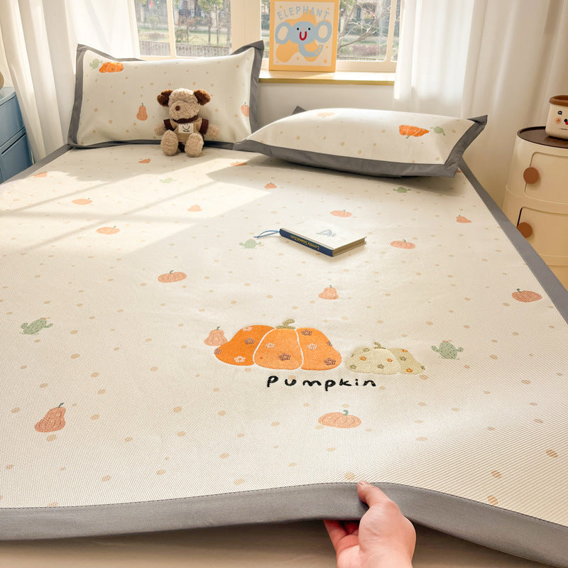 Summer ice rattan mat three-piece cartoon mattress foldable embroidered ice silk mat can sleep naked air conditioner soft mat