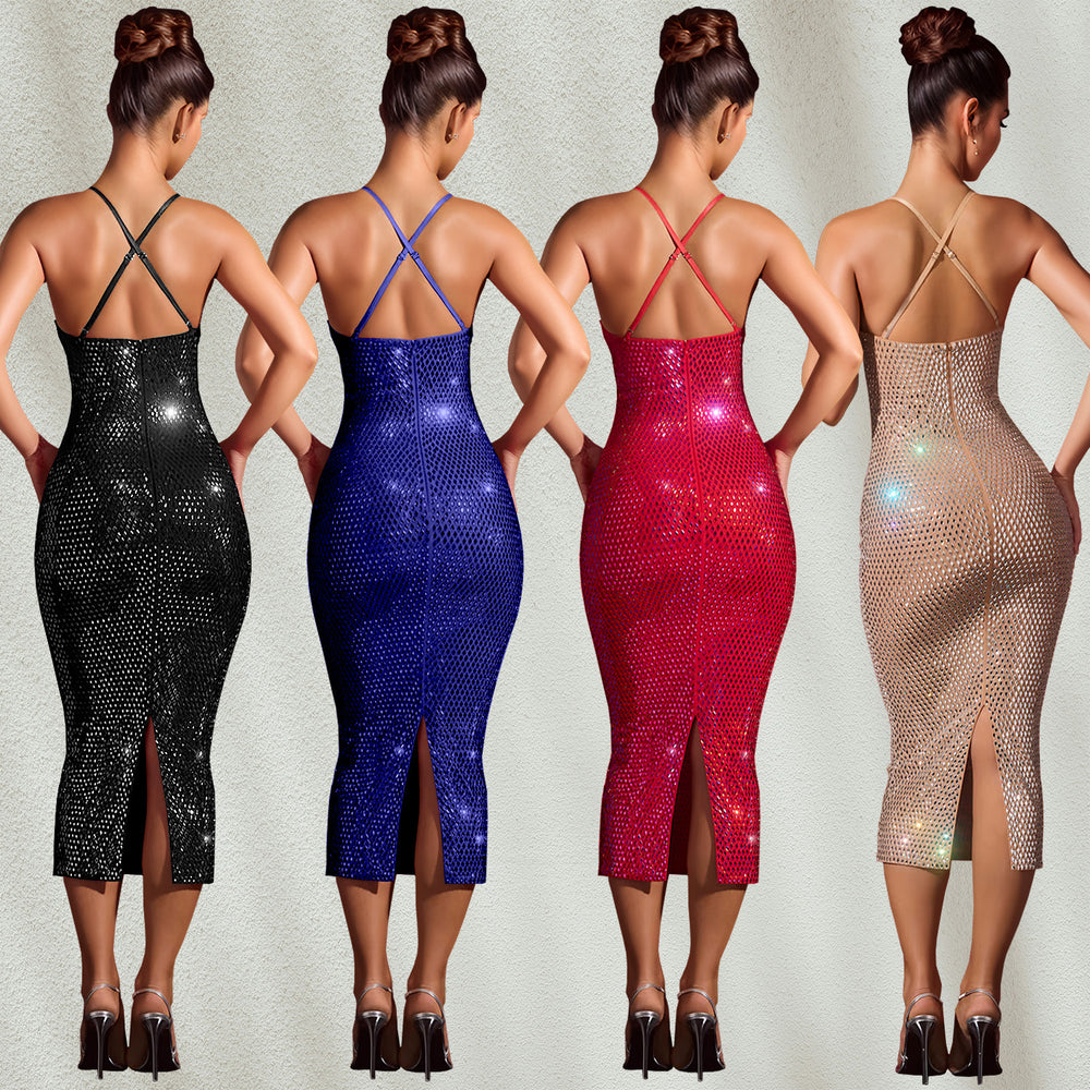 C7210 cross-border   fashion women's hotfix rhinestone slim-fit sleeveless solid color sexy dress