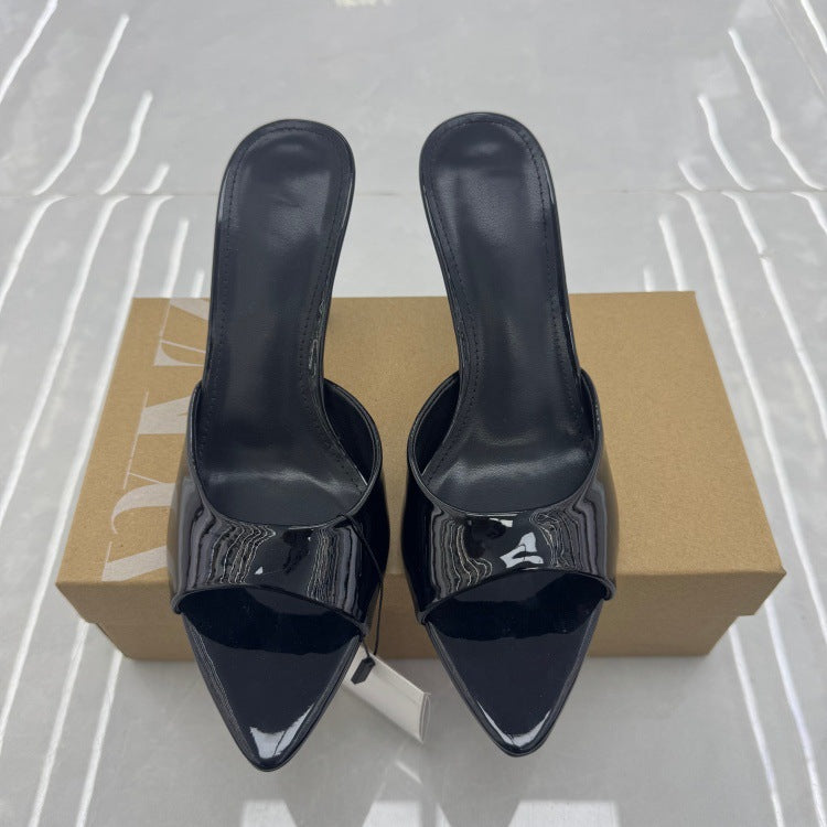 Spanish mango women's shoes summer new 2025 one-strap sandals outdoor casual versatile patent leather high heel sandals