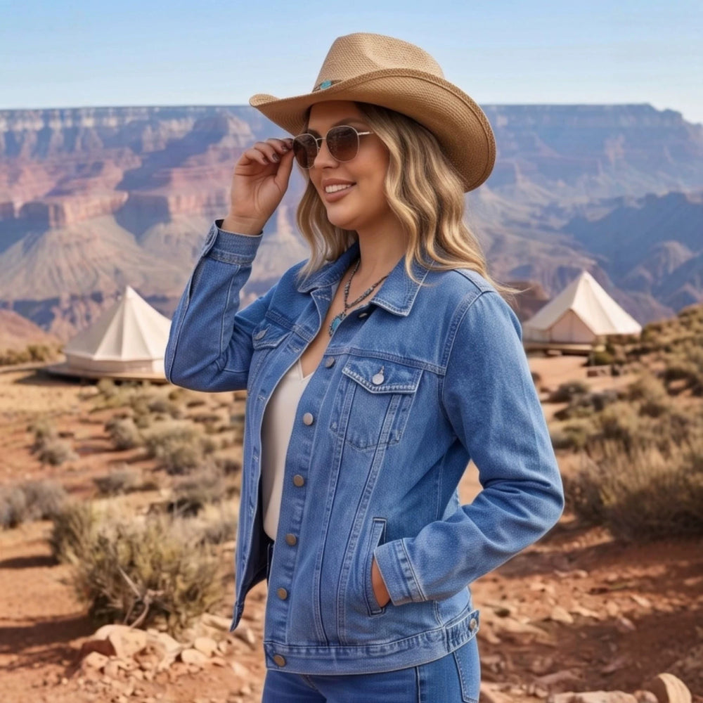 Plus size women's classic turn-down collar denim jacket, long sleeve casual basic blue denim outerwear