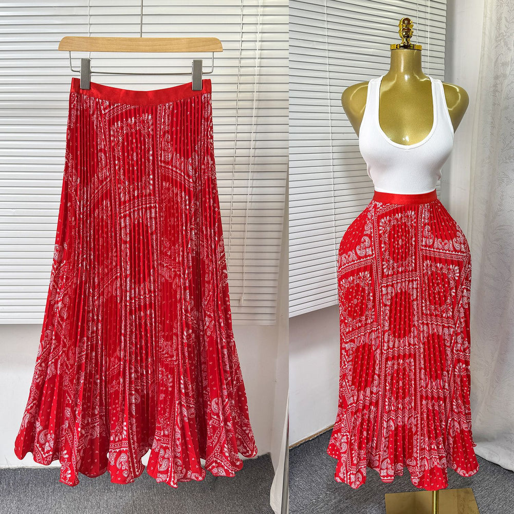 Exportsweeteasiest for matchpleated skirt large swing printing skirt women's frenchhigh waista-line medium long pleated skirt