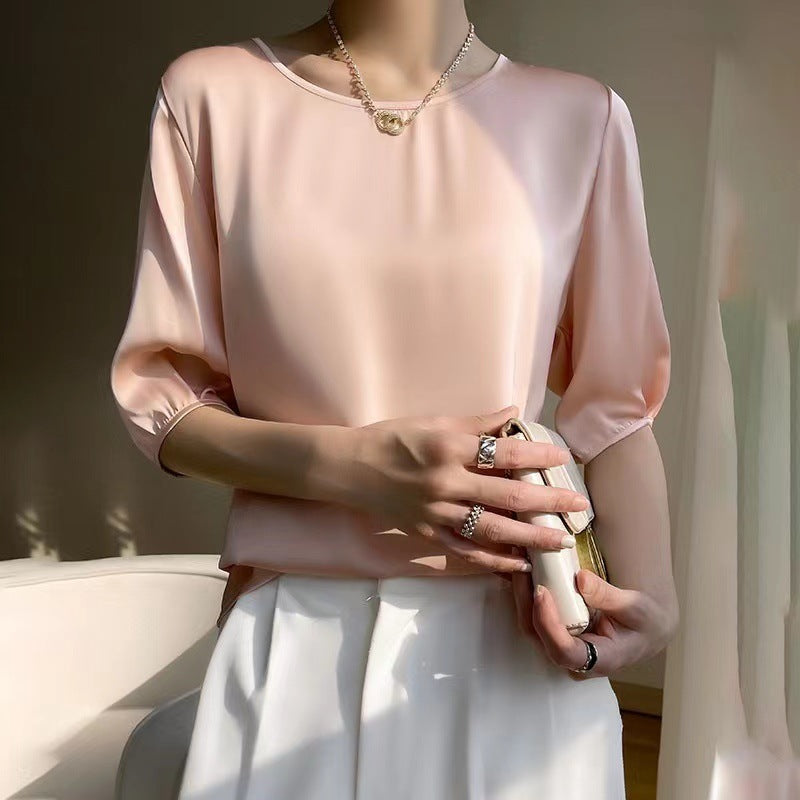 Faux silk five-sleeve t-shirt for women - new summer collection, elegant and relaxed fit, mid-sleeve tee, crew neck top