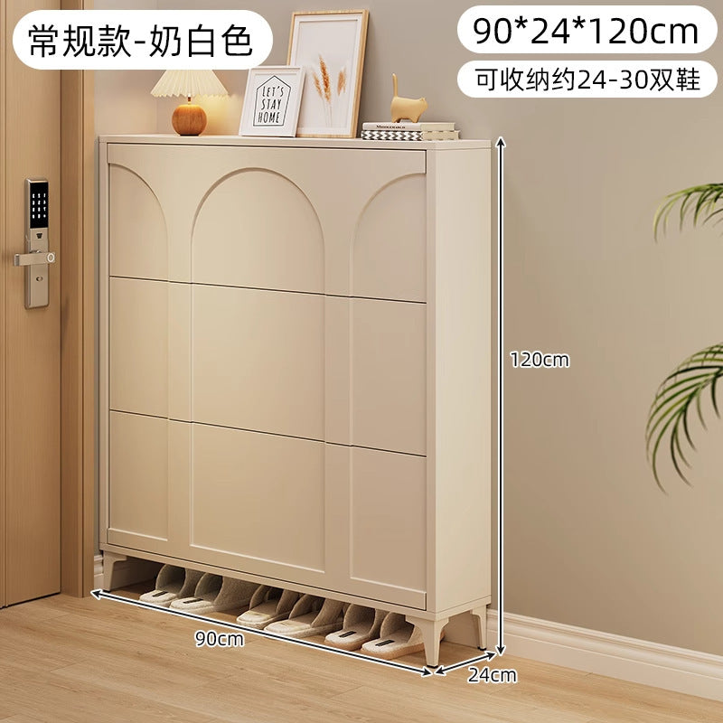 Ultra-thin tipping shoe cabinet cream style for home door small narrow entrance door shoe cabinet space-saving entrance cabinet all-in-one shoe rack