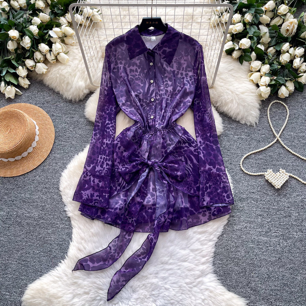 Korean style purple leopard print slim-fit dress - women's summer long sleeve tie-waist a-line dress - commuter chic