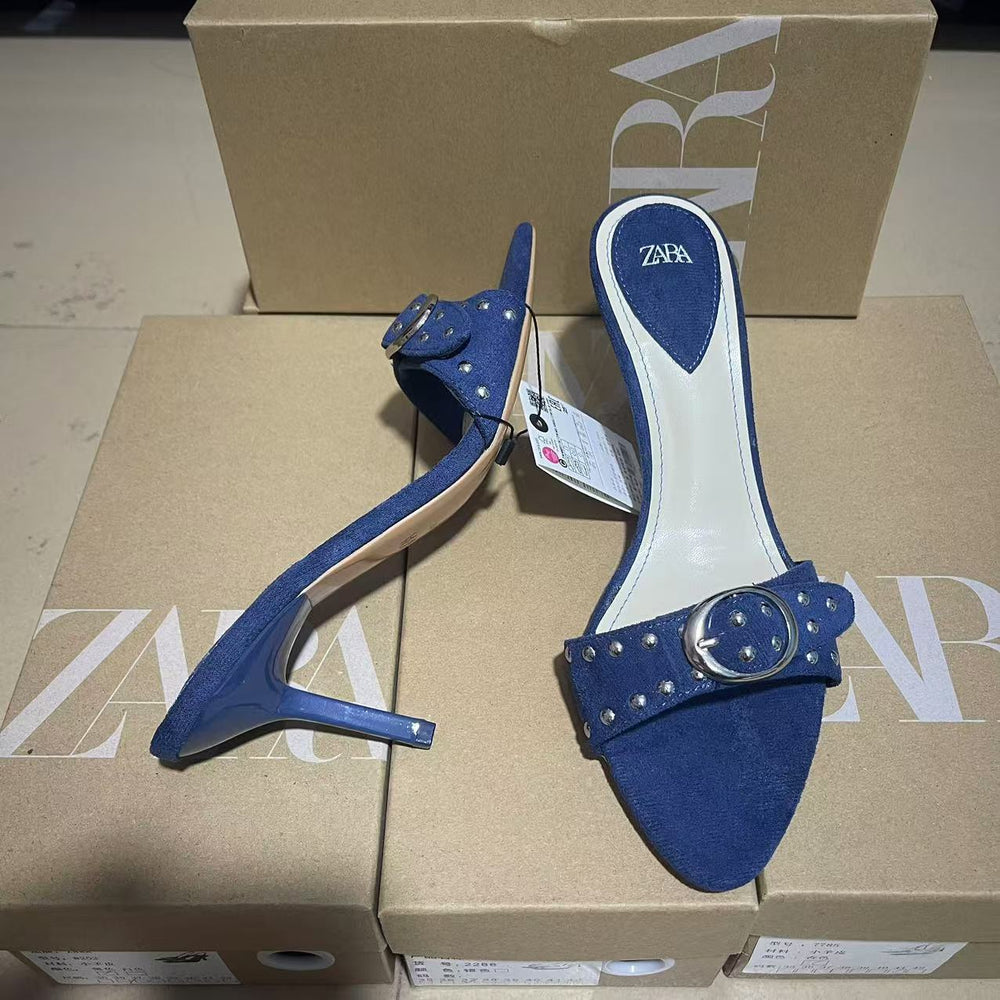 Za2024autumnew arrivalwhite bottom blue pointed toe fashion women's shoes one-shaped buckle daily easiest for match sandals women