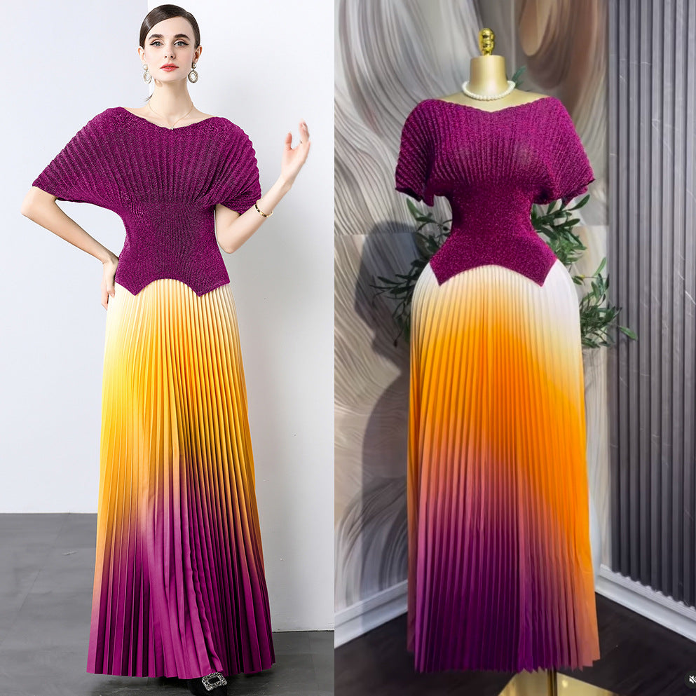 Miya pleated suit women's summer sense of design silm sparkly short sleeve topshigh waist gradient color pleated skirt