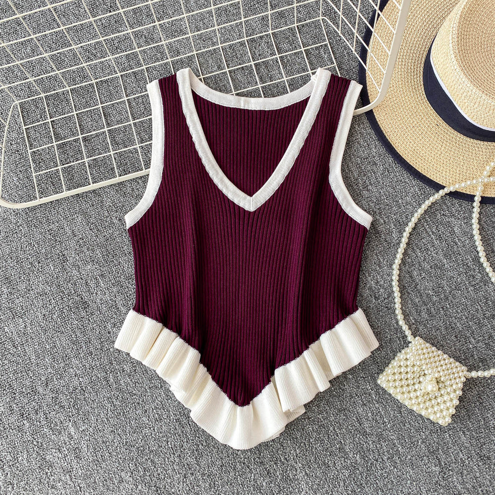 Sweet and spicy girl niche color-block v-neck sleeveless knit tank top for women,  summer new style, ruffle trim, slim fit, figure-flattering top