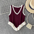 Sweet and spicy girl niche color-block v-neck sleeveless knit tank top for women,  summer new style, ruffle trim, slim fit, figure-flattering top