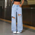 Fashionjeans women's light blue big hole raw edge loose pants high street distressed loosemop denim pants