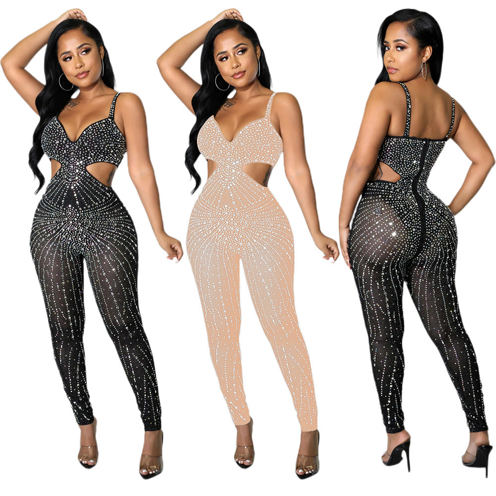 S390330  Cross-border Foreign Trade Fashion Sexy Mesh Perspective Hot Diamond Sleeveless Suspender Jumpsuit Women