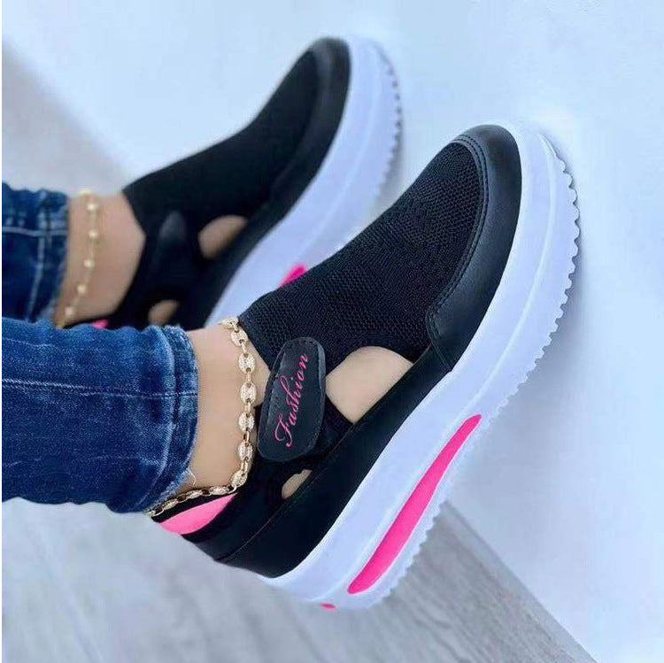 Summerexportplus size fly woven breathable casualflats wedge heel thick solecut out velcro round toe low ankle women's flats