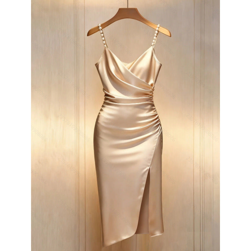 Women's summer new arrival: elegant solid color criss-cross neck pearl-embellished slit midi slip dress with buttoned waist