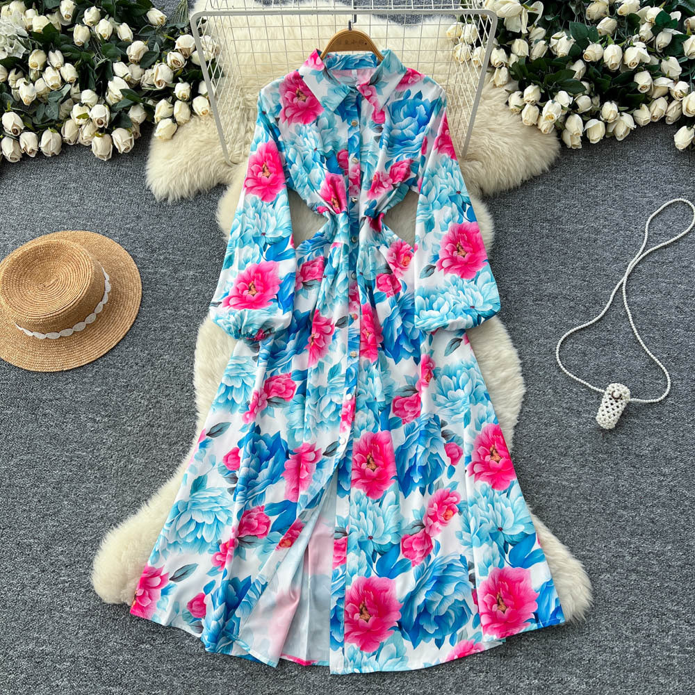 Korean style fashionable printed dress - new women's long sleeve tie-waist slimming a-line versatile elegant maxi dress for work